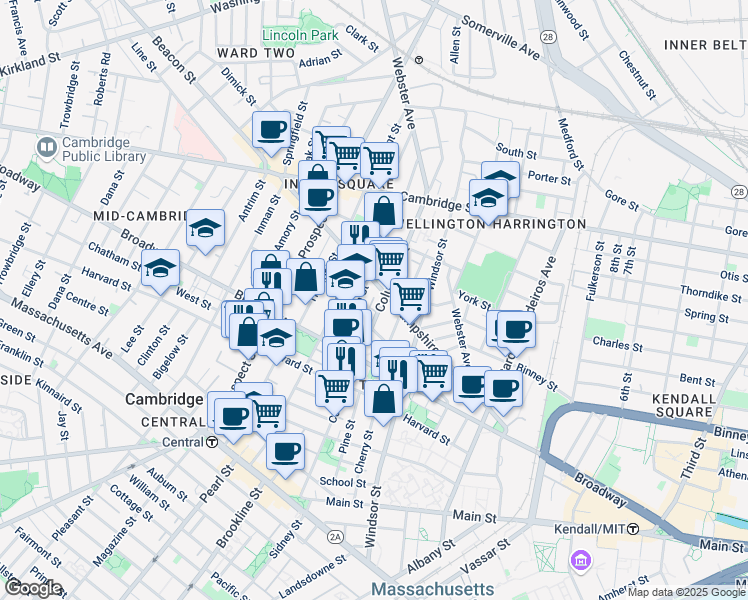 map of restaurants, bars, coffee shops, grocery stores, and more near 235 Columbia Street in Cambridge