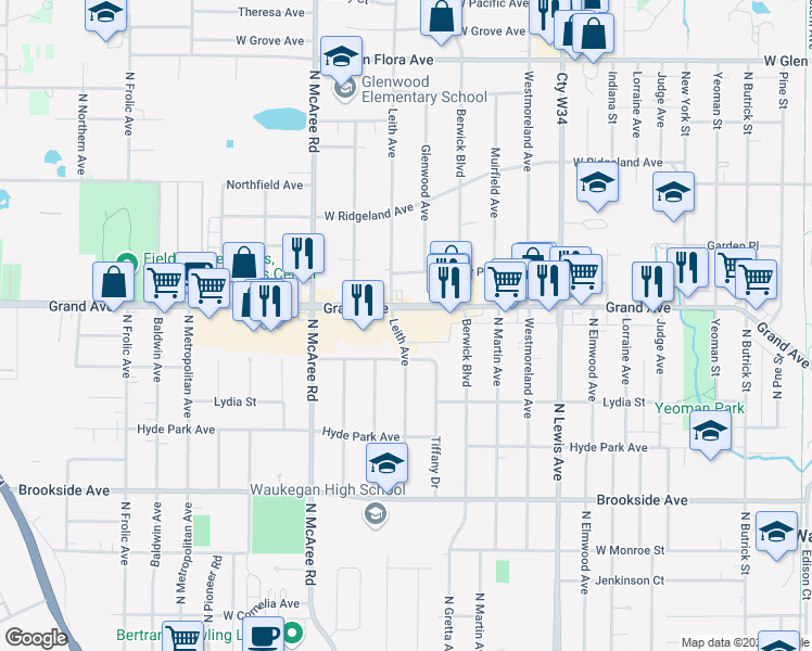 map of restaurants, bars, coffee shops, grocery stores, and more near 2323 Grand Avenue in Waukegan