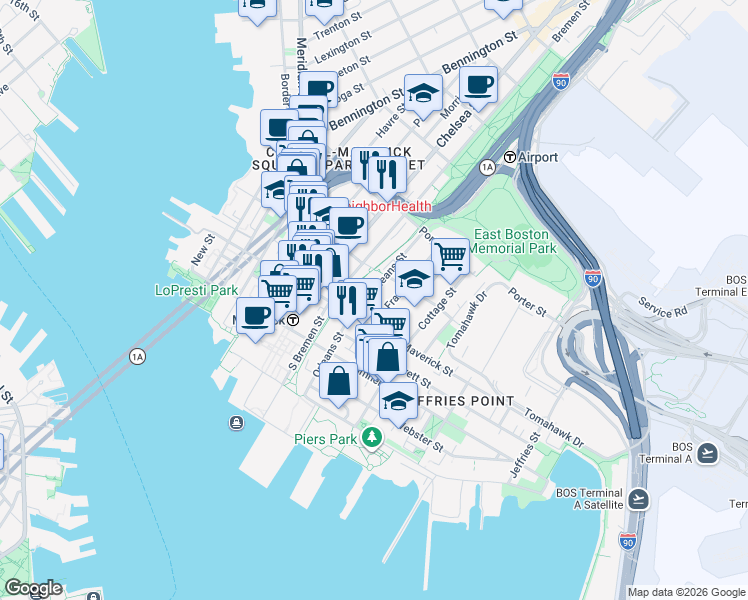 map of restaurants, bars, coffee shops, grocery stores, and more near 150 Orleans Street in Boston