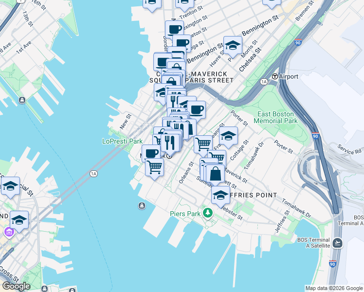 map of restaurants, bars, coffee shops, grocery stores, and more near 6 Chelsea Street in Boston
