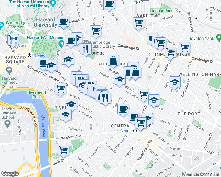 map of restaurants, bars, coffee shops, grocery stores, and more near Hancock St & Hancock Pl in Cambridge