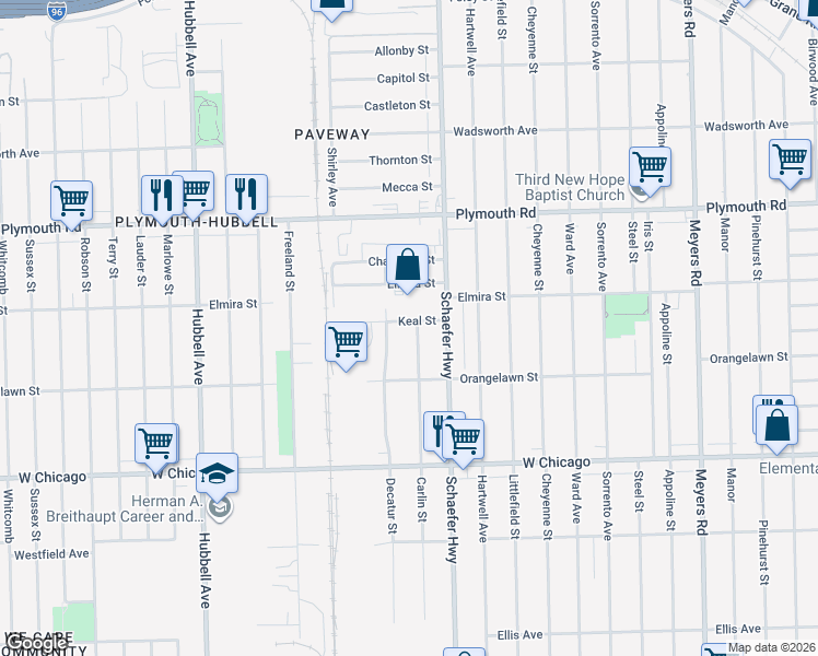 map of restaurants, bars, coffee shops, grocery stores, and more near 13639 Elmira Street in Detroit