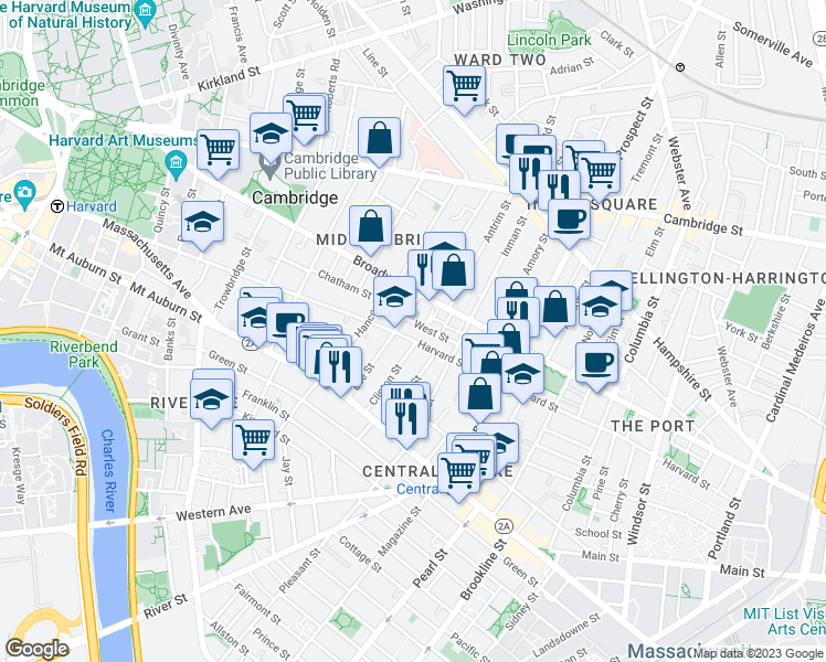 map of restaurants, bars, coffee shops, grocery stores, and more near 364 Broadway in Cambridge