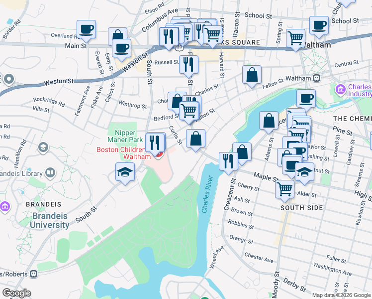 map of restaurants, bars, coffee shops, grocery stores, and more near in Waltham