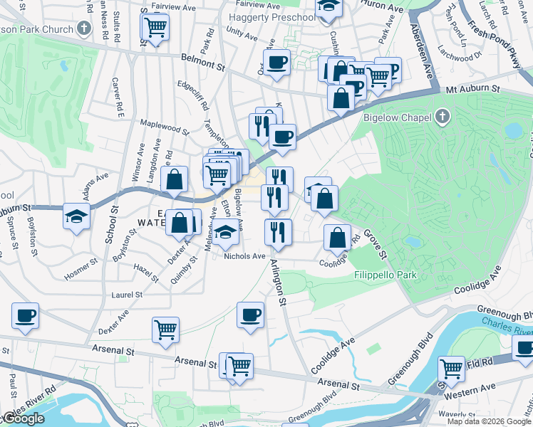 map of restaurants, bars, coffee shops, grocery stores, and more near 227 Arlington Street in Watertown