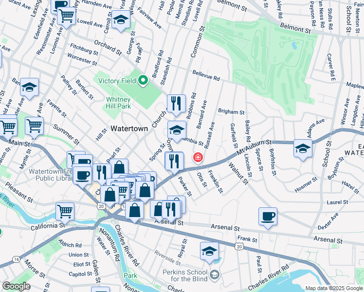 map of restaurants, bars, coffee shops, grocery stores, and more near 50 Columbia Street in Watertown