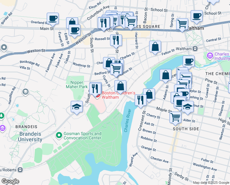 map of restaurants, bars, coffee shops, grocery stores, and more near in Waltham