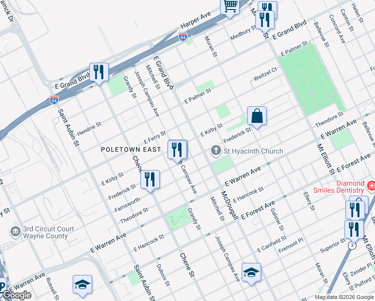 map of restaurants, bars, coffee shops, grocery stores, and more near 5402 Mitchell Street in Detroit
