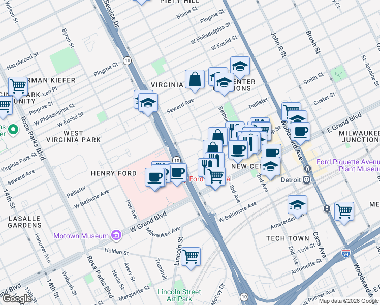 map of restaurants, bars, coffee shops, grocery stores, and more near 831 Pallister Street in Detroit