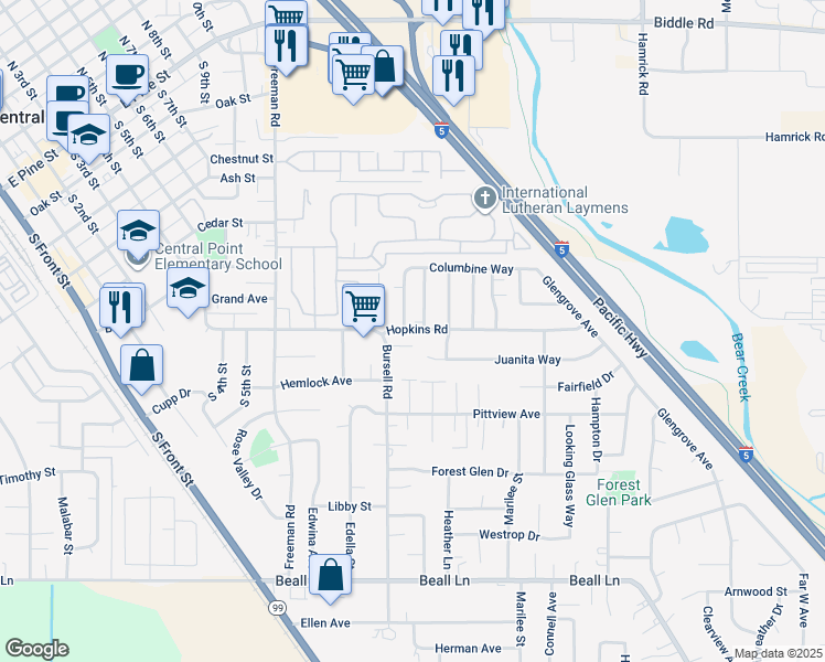 map of restaurants, bars, coffee shops, grocery stores, and more near 573 Briarwood Drive in Central Point