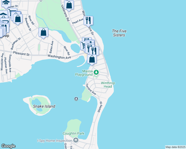 map of restaurants, bars, coffee shops, grocery stores, and more near 571 Shirley Street in Winthrop