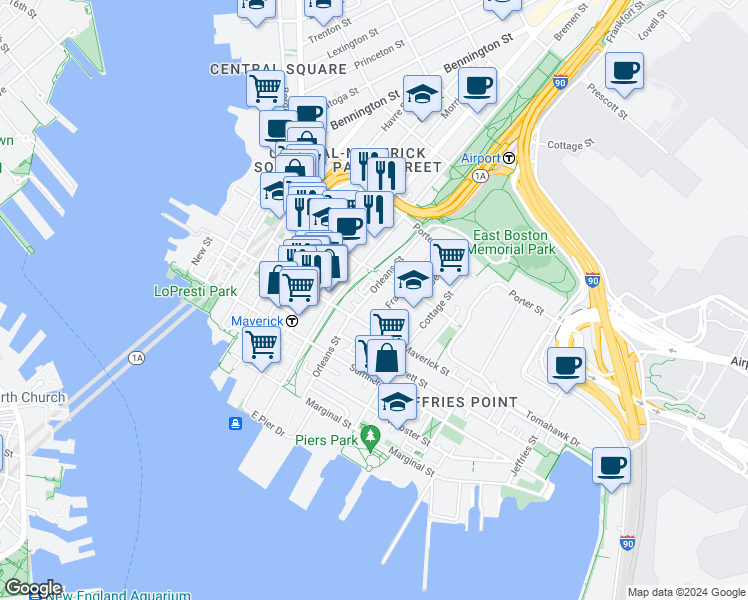 map of restaurants, bars, coffee shops, grocery stores, and more near 150 Orleans Street in Boston