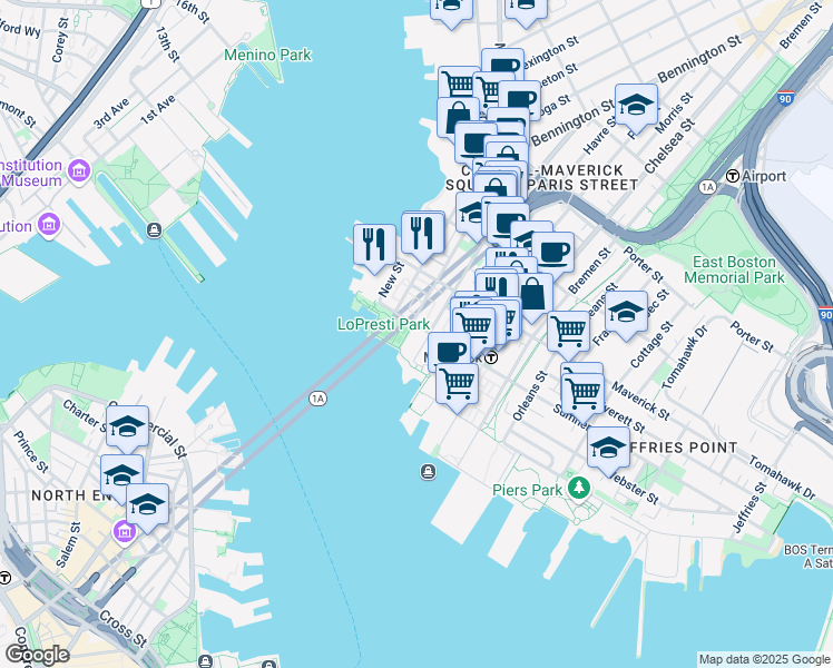 map of restaurants, bars, coffee shops, grocery stores, and more near 62 Sumner Street in Boston