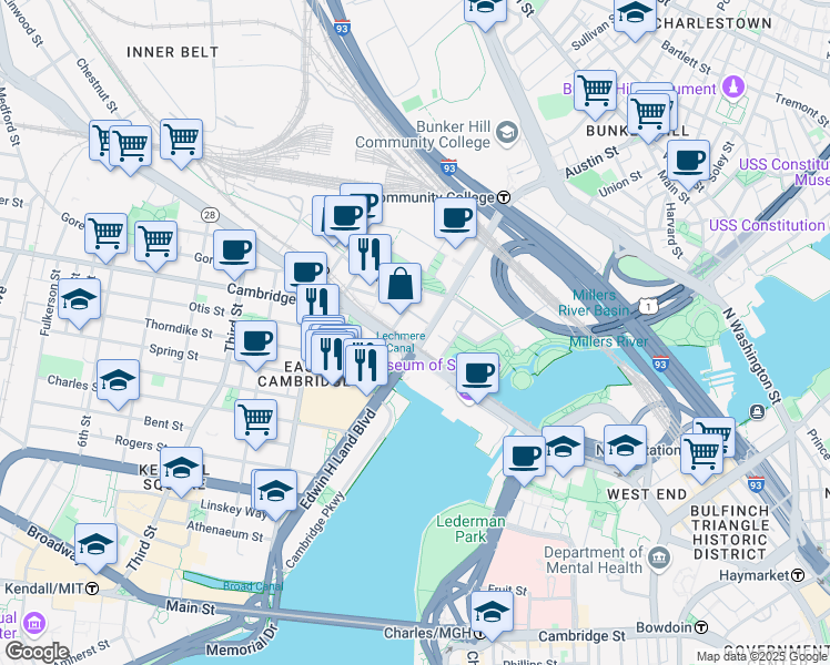 map of restaurants, bars, coffee shops, grocery stores, and more near in Cambridge