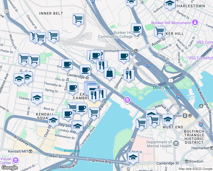 map of restaurants, bars, coffee shops, grocery stores, and more near 83 Monsignor O'Brien Highway in Cambridge