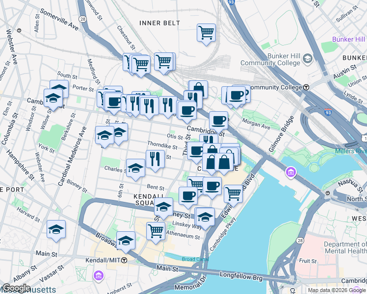 map of restaurants, bars, coffee shops, grocery stores, and more near 63 Otis Street in Cambridge