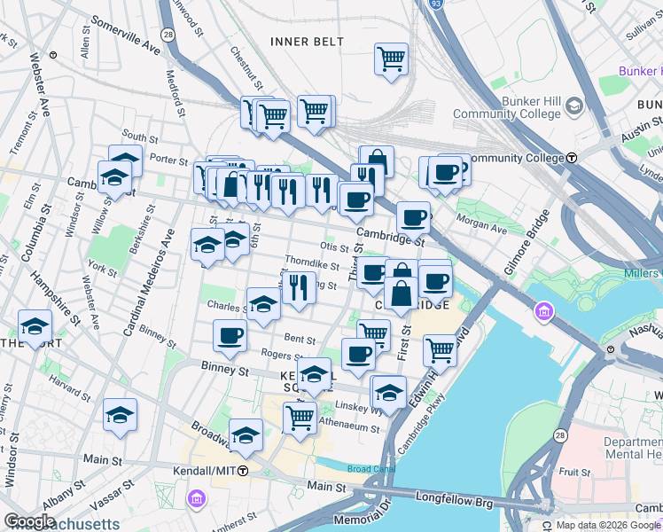 map of restaurants, bars, coffee shops, grocery stores, and more near in Cambridge