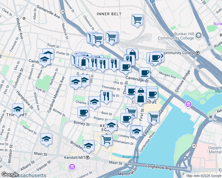 map of restaurants, bars, coffee shops, grocery stores, and more near in Cambridge