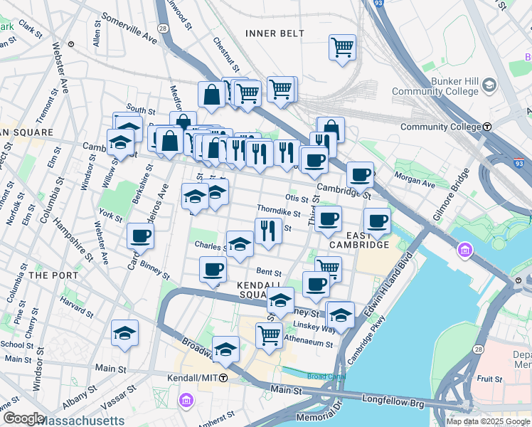 map of restaurants, bars, coffee shops, grocery stores, and more near 79 5th Street in Cambridge