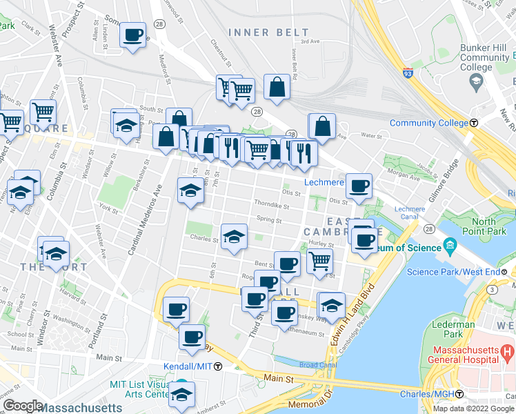 map of restaurants, bars, coffee shops, grocery stores, and more near 83 5th Street in Cambridge