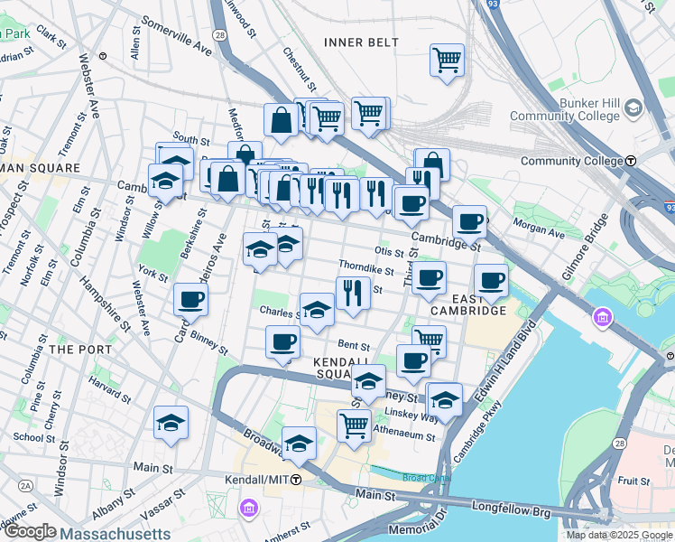 map of restaurants, bars, coffee shops, grocery stores, and more near 79 5th Street in Cambridge