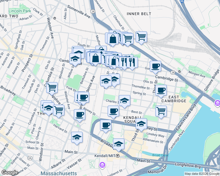 map of restaurants, bars, coffee shops, grocery stores, and more near 180 Thorndike Street in Cambridge