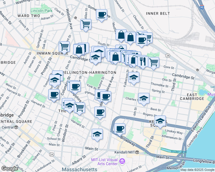 map of restaurants, bars, coffee shops, grocery stores, and more near 1 Marney Street in Cambridge