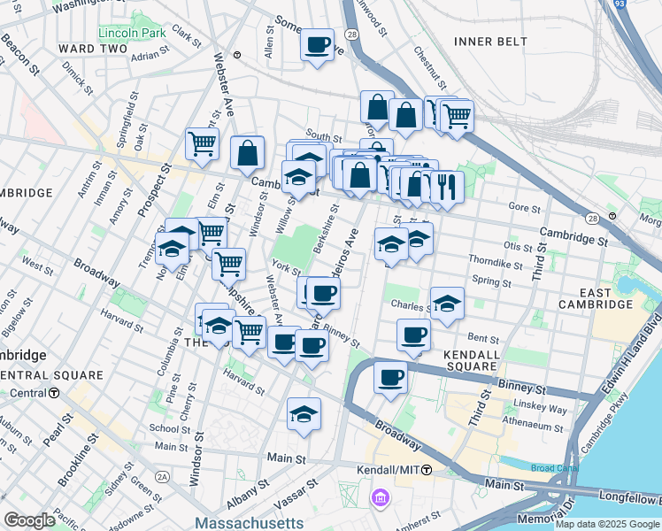 map of restaurants, bars, coffee shops, grocery stores, and more near 1 Marney Street in Cambridge