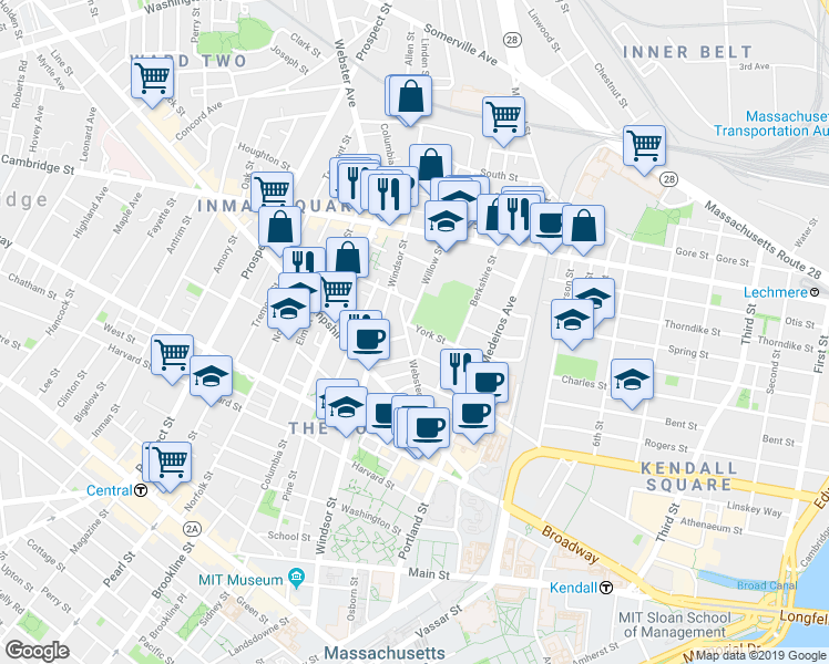 map of restaurants, bars, coffee shops, grocery stores, and more near 26 Lincoln Street in Cambridge