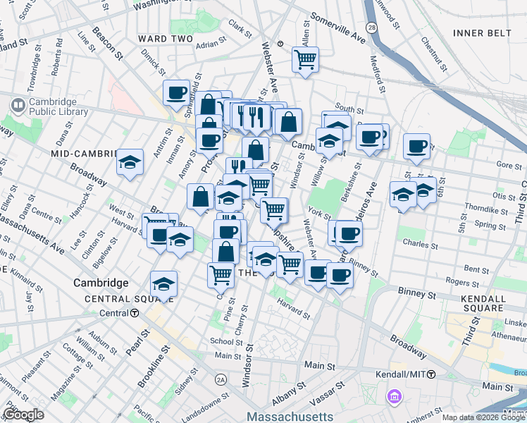 map of restaurants, bars, coffee shops, grocery stores, and more near 306 Columbia Street in Cambridge