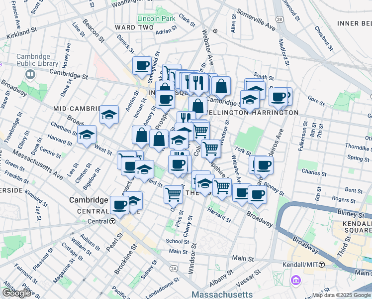 map of restaurants, bars, coffee shops, grocery stores, and more near 132 Hampshire Street in Cambridge