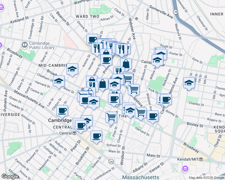 map of restaurants, bars, coffee shops, grocery stores, and more near 28 Tremont Street in Cambridge
