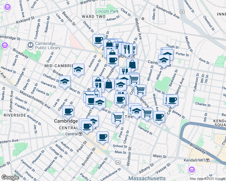map of restaurants, bars, coffee shops, grocery stores, and more near 28 Tremont Street in Cambridge