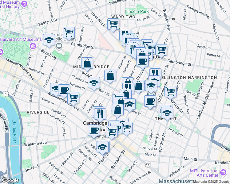 map of restaurants, bars, coffee shops, grocery stores, and more near 65 A Inman Street in Cambridge