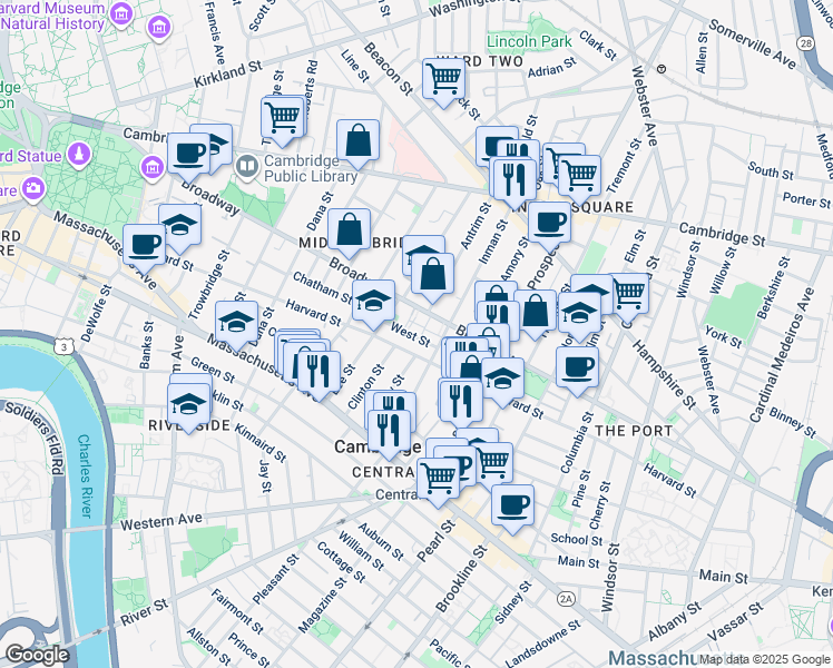map of restaurants, bars, coffee shops, grocery stores, and more near 364 Broadway in Cambridge