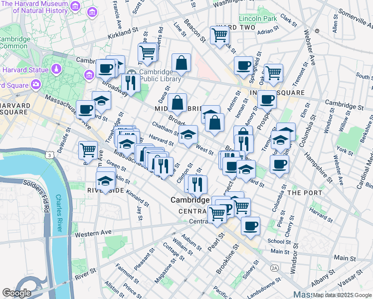 map of restaurants, bars, coffee shops, grocery stores, and more near 3 Hancock Park in Cambridge