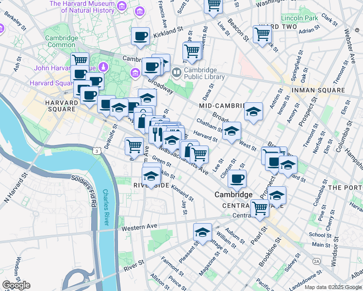 map of restaurants, bars, coffee shops, grocery stores, and more near 11H Dana Place in Cambridge