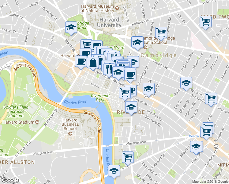 map of restaurants, bars, coffee shops, grocery stores, and more near 58 Plympton Street in Cambridge