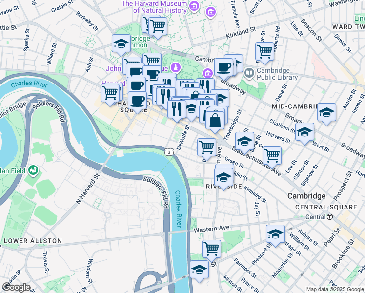 map of restaurants, bars, coffee shops, grocery stores, and more near 58 Plympton Street in Cambridge