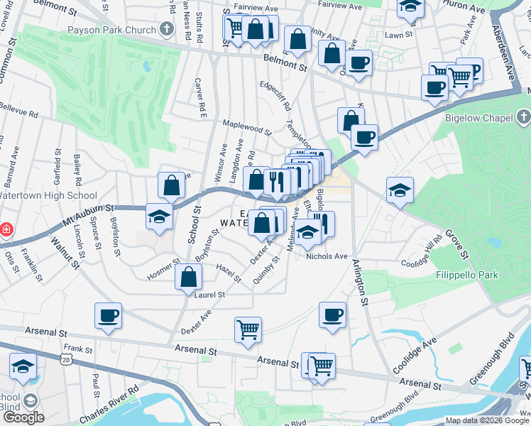 map of restaurants, bars, coffee shops, grocery stores, and more near in Watertown