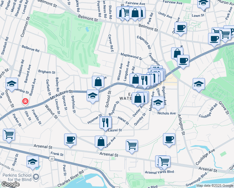 map of restaurants, bars, coffee shops, grocery stores, and more near 467 Mount Auburn Street in Watertown
