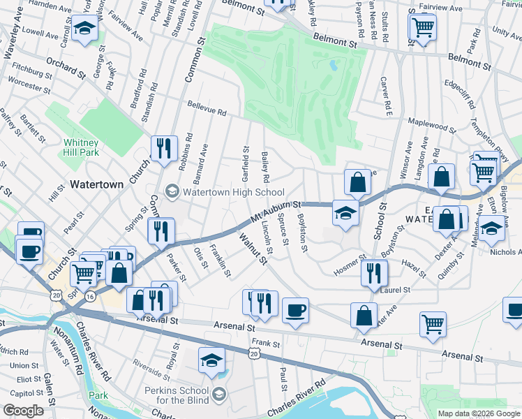 map of restaurants, bars, coffee shops, grocery stores, and more near 19 Bailey Road in Watertown