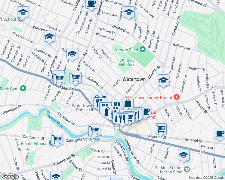 map of restaurants, bars, coffee shops, grocery stores, and more near 12 Hill Street in Watertown