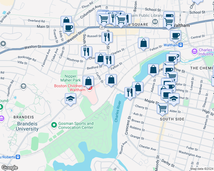 map of restaurants, bars, coffee shops, grocery stores, and more near 137 Prospect Street in Waltham