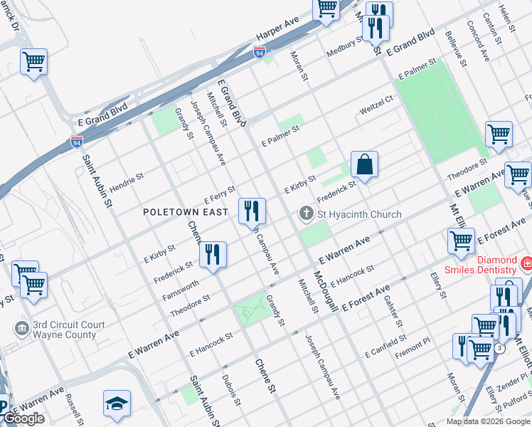 map of restaurants, bars, coffee shops, grocery stores, and more near 5402 Mitchell Street in Detroit