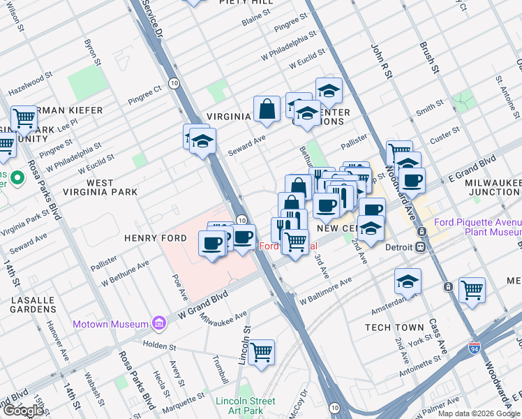 map of restaurants, bars, coffee shops, grocery stores, and more near 831 Pallister Street in Detroit