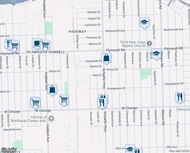map of restaurants, bars, coffee shops, grocery stores, and more near 13639 Elmira Street in Detroit