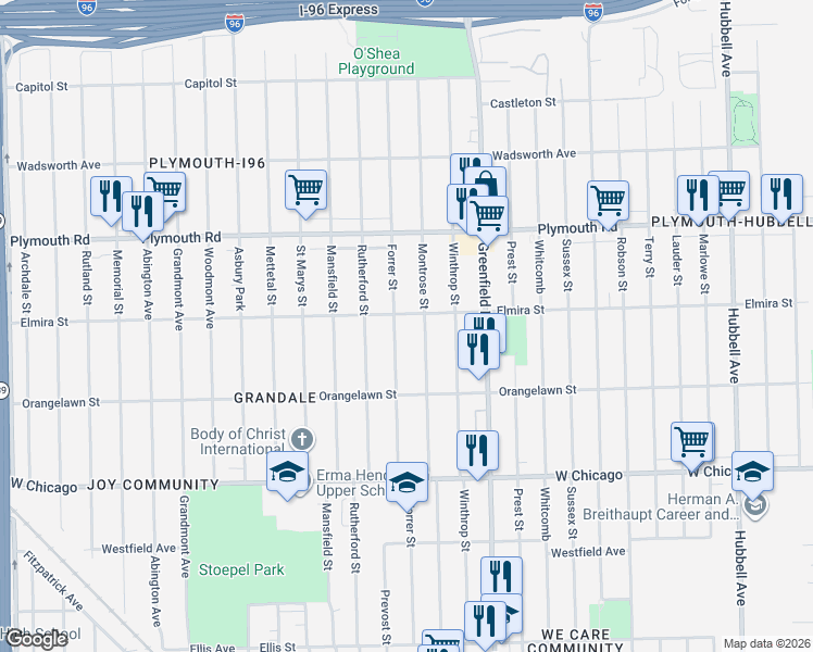 map of restaurants, bars, coffee shops, grocery stores, and more near 11325 Montrose Street in Detroit