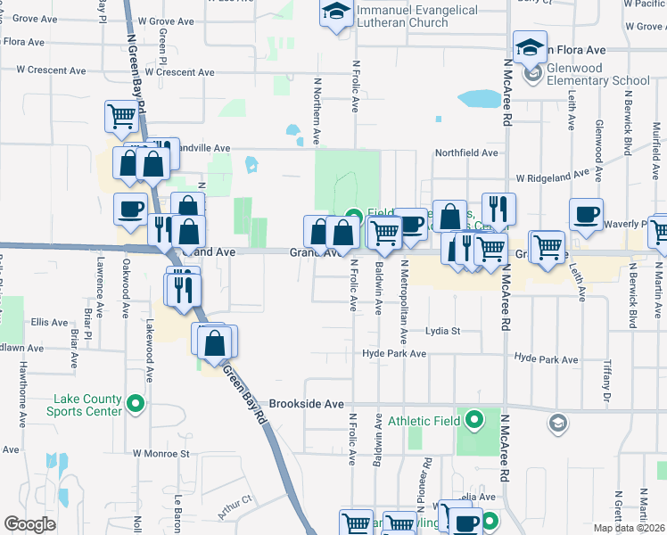map of restaurants, bars, coffee shops, grocery stores, and more near 800 Baldwin Avenue in Waukegan