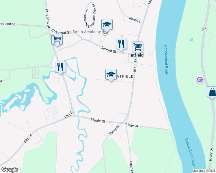 map of restaurants, bars, coffee shops, grocery stores, and more near 33 Main Street in Hatfield